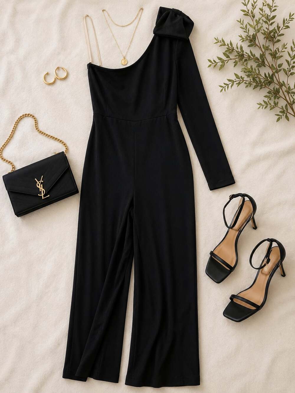 Women's Black One-Shoulder Long Sleeve Wide Leg Jumpsuit Sz S - Italian Made